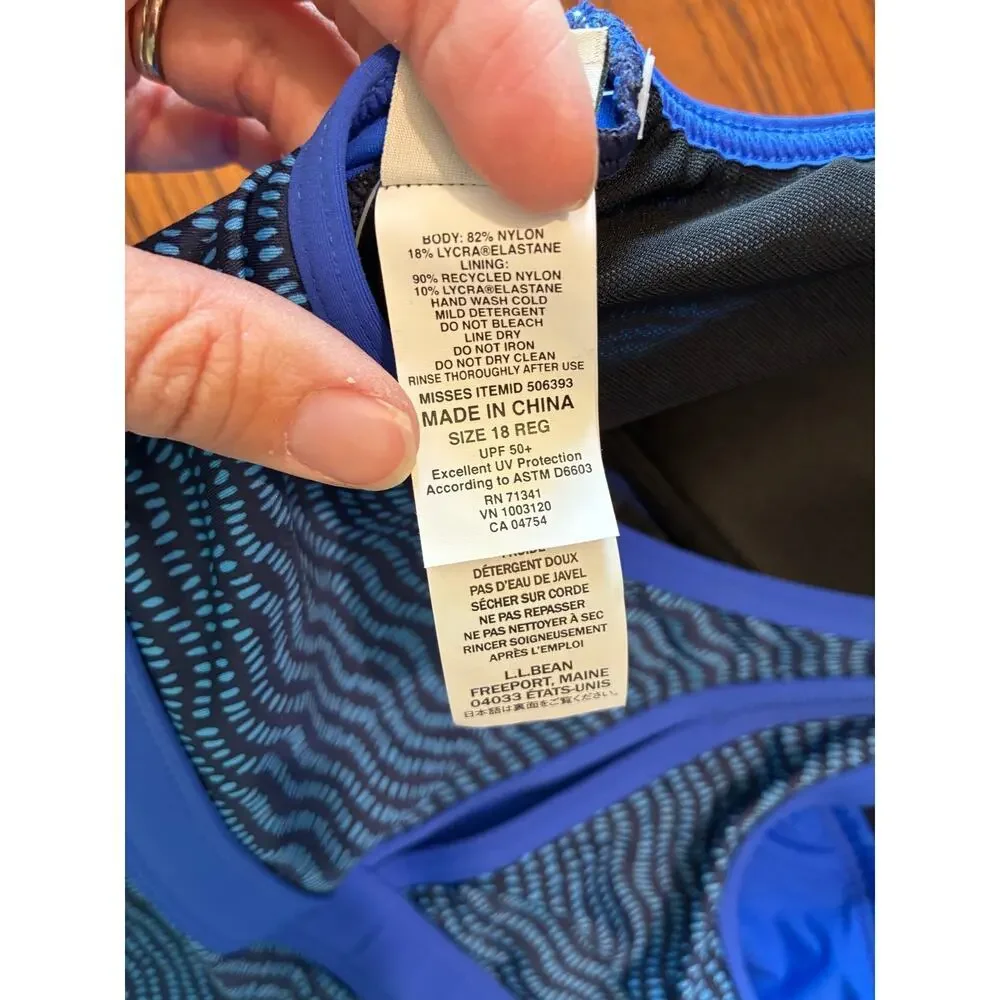 LL Bean NEW ReNew V Neck Tank One Piece Swimsuit Size 18 Blue Print UPF 50